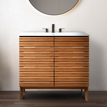Calandre Thin Linear Slat Modern Farmhouse 2-Shelf Bath Vanity Cabinet Only (Sink Basin not Included)